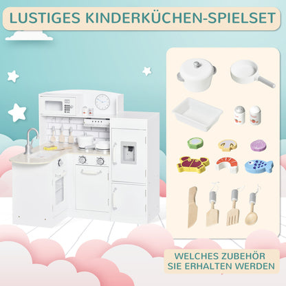 HOMCOM Spielküche, 14-tlg. Zubehör, elektr. Wasserspender, 86 x 64 x 84,5 cm, Weiß