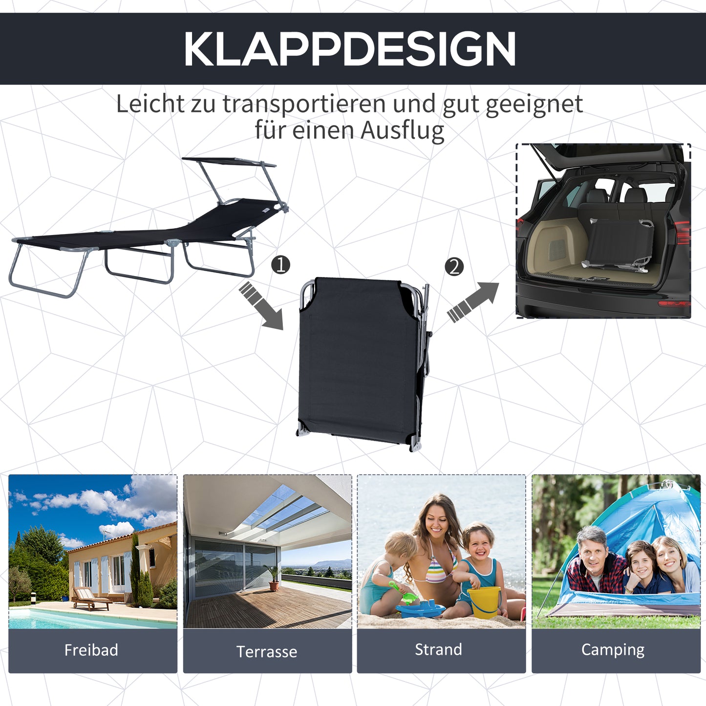 Outsunny Sonnenliege klappbar Gartenliege mit Sonnenschutz Liegestuhl mit 4-Fach verstellbare Rückenlehne Campingliege bis 120kg belastbar für Garten, Balkon und Pool geeignet, 6 Farben(Schwarz )
