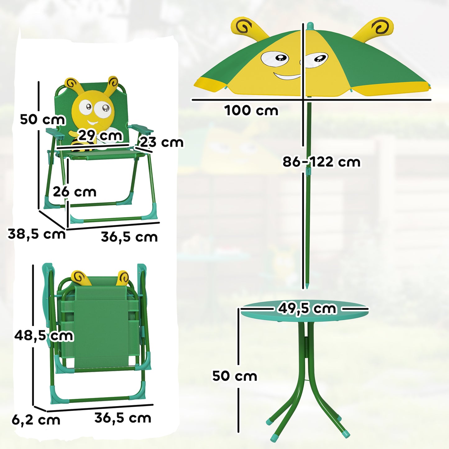 AIYAPLAY Gartenmöbel-Set für Kinder، Stühle، Tisch، Sonnenschirm، Bienen-Design، Grün+Gelb