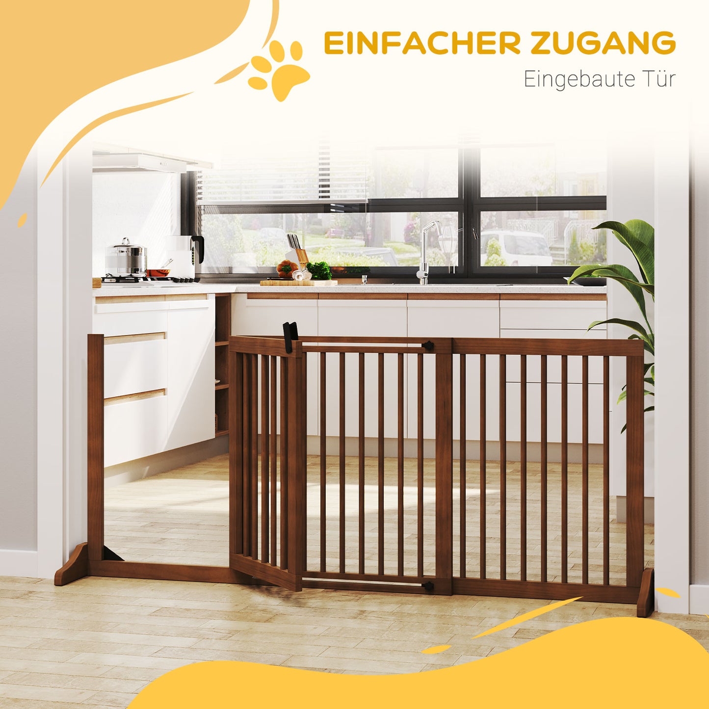 PawHut Absperrgitter Hunde Türschutzgitter Schutzgitter aus Holz Freistehendes Hundegitter mit Tür Hundeabsperrgitter Configurationsgitter for Kamin &amp; Ofen Braun 113-166 x 36 x 71 سم