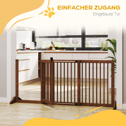 PawHut Absperrgitter Hunde Türschutzgitter Schutzgitter aus Holz Freistehendes Hundegitter mit Tür Hundeabsperrgitter Configurationsgitter for Kamin &amp; Ofen Braun 113-166 x 36 x 71 سم