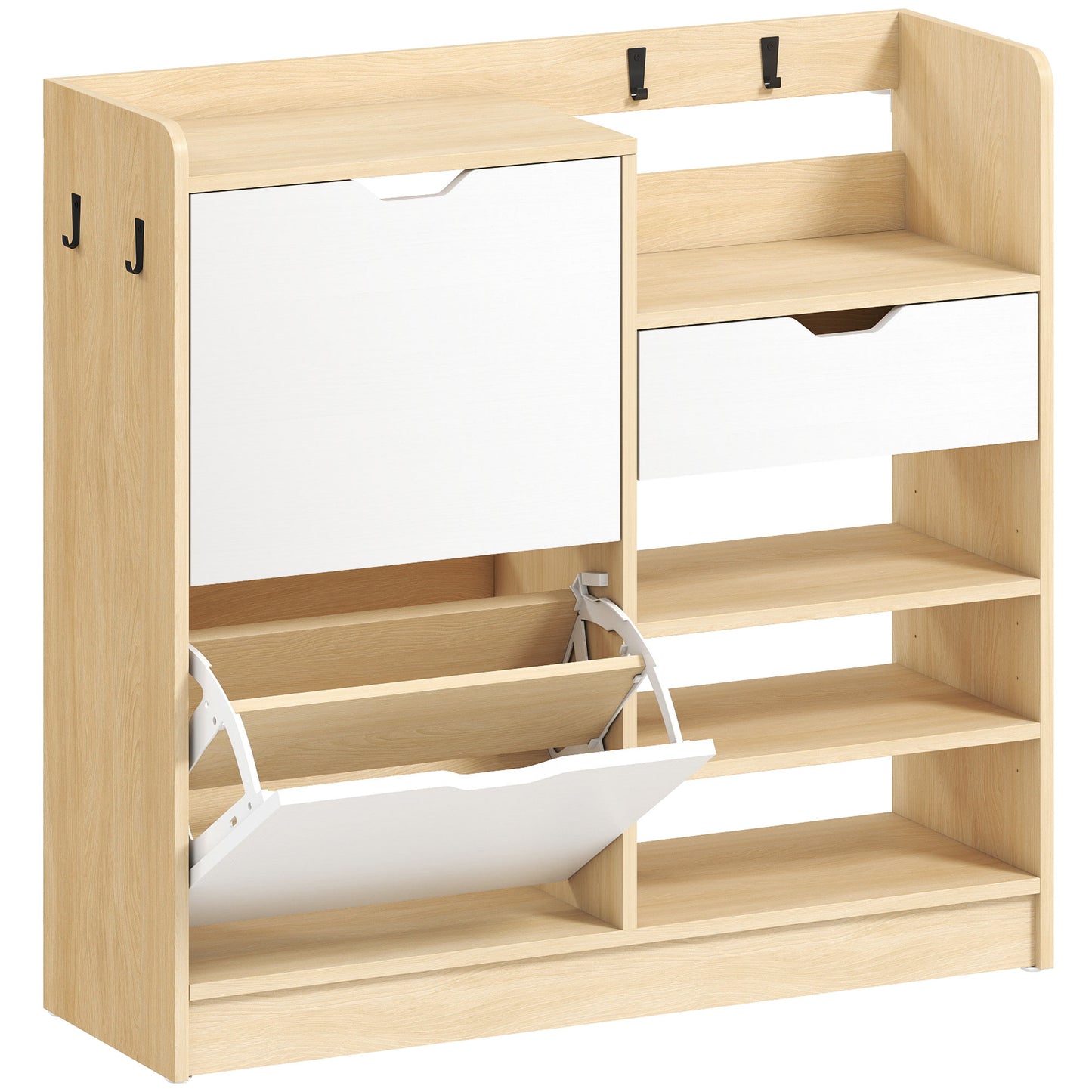 HOMCOM Schuhregal für Flur, Schuhschrank mit Kippschubladen, offenen Regalen, 4 Haken, für bis zu 14 Paar Schuhe, Natur