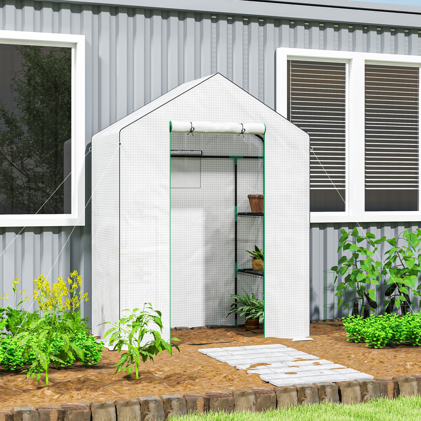 Outsunny Gewächshaus mit Regalen, Mini-Treibhaus, UV-beständig, Netzfenster, Reißverschlusstür, 143L x 74B x 190H cm, Weiß