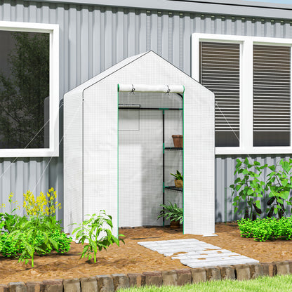 Outsunny Gewächshaus mit Regalen, Mini-Treibhaus, UV-beständig, Netzfenster, Reißverschlusstür, 143L x 74B x 190H cm, Weiß