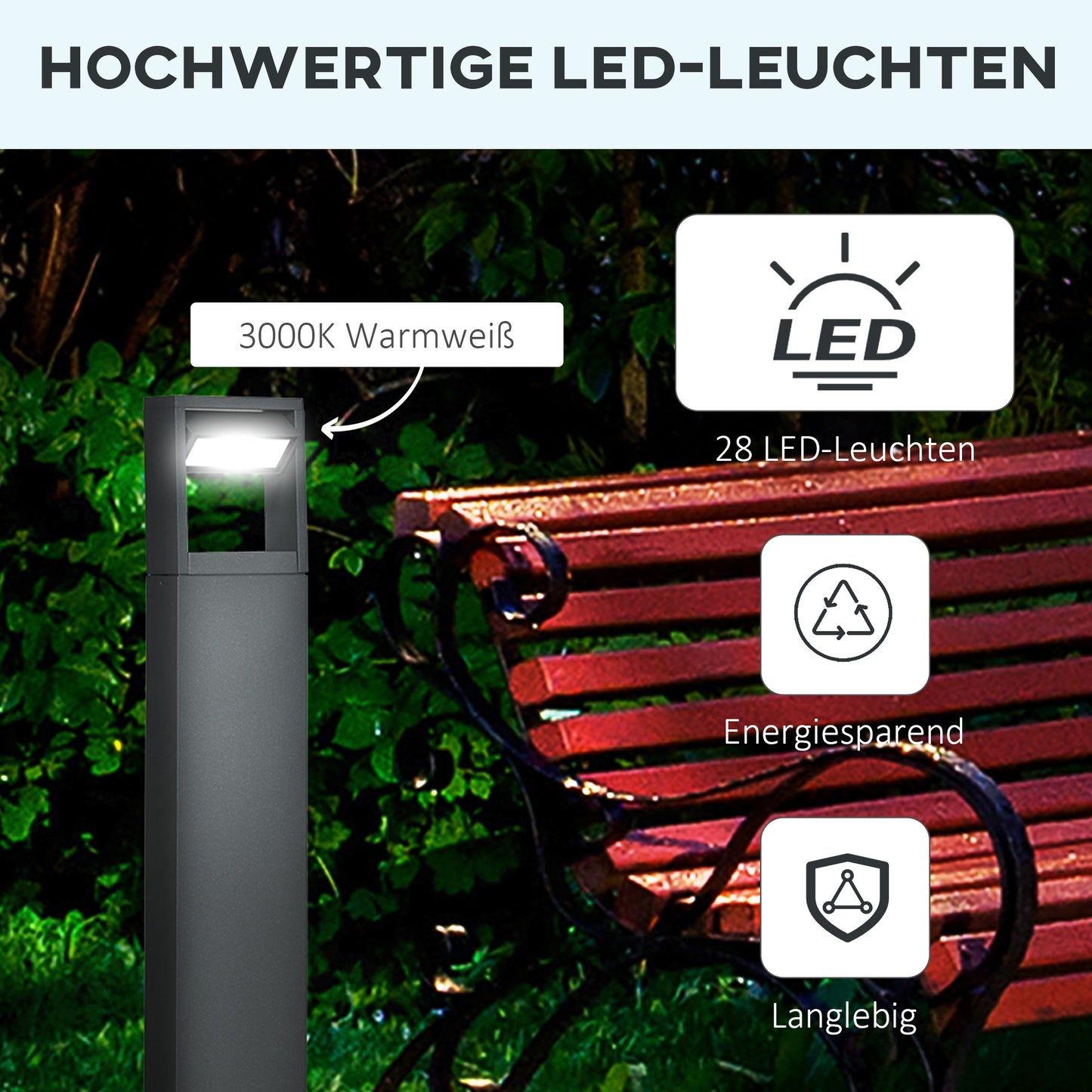 Outsunny Gartenlampe, Wegleuchte, Pfostenlicht mit LEDs, wetterbeständig, 16cm x 5cm x 90cm, Dunkelgrau