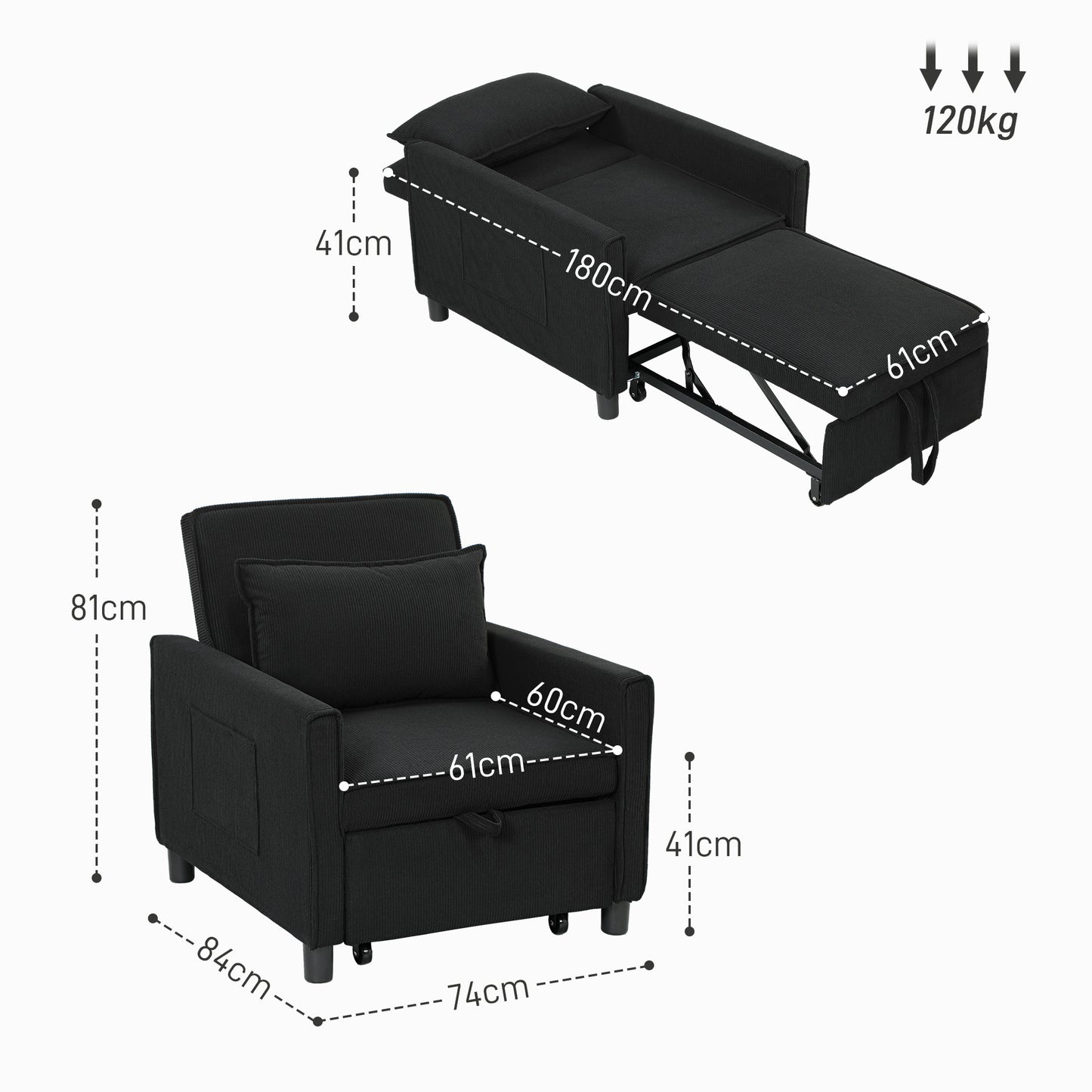 HOMCOM Schlafsessel, verstellbar, 3 Positionen, Cordbezug, bis 120 kg, Schwarz