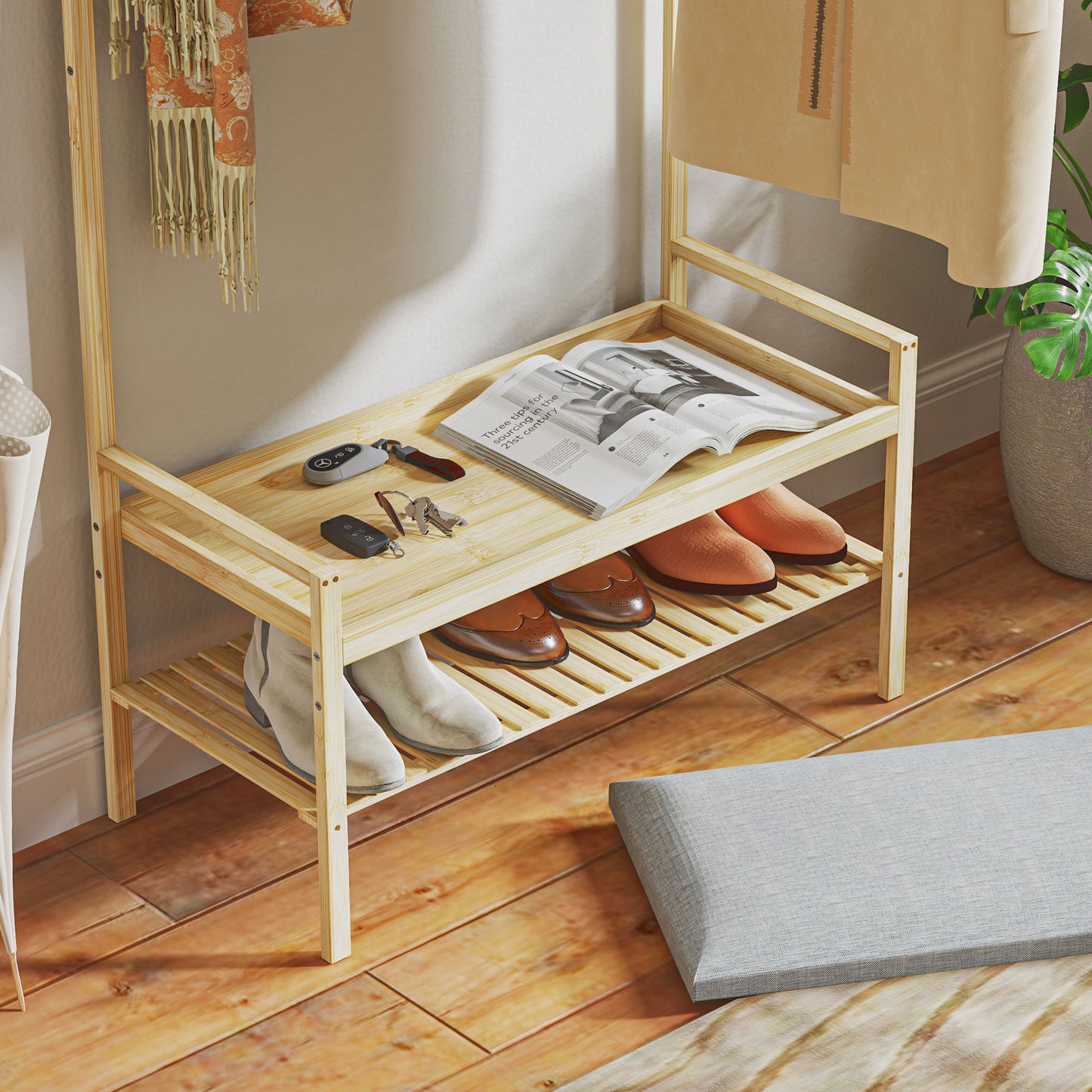 HOMCOM Garderobe mit Schuhbank, Kleiderstange, 10 Kleiderhaken, شوهابلاج, بامبوس