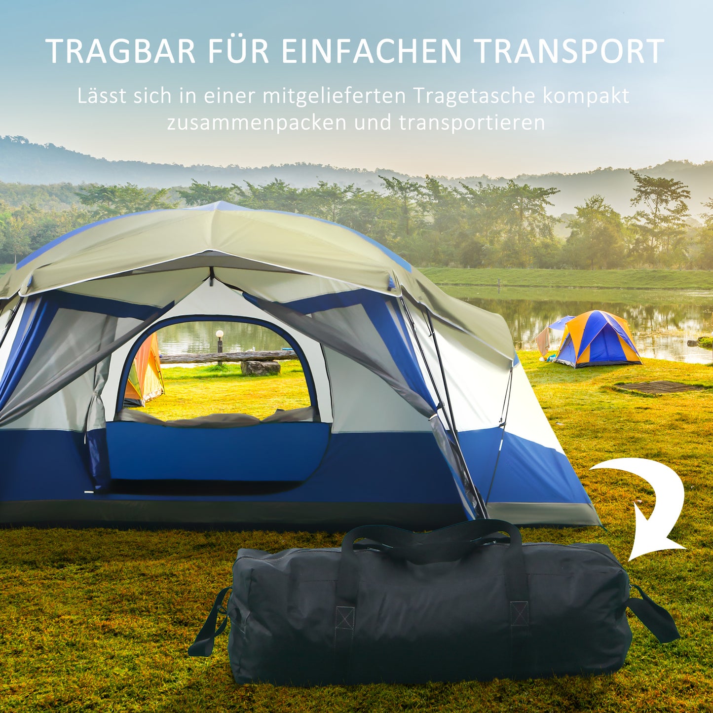 Outsunny Camping Zelt 6-8 Personen Zelt Familienzelt mit Vorraum 2 Fenster Kuppelzelt Kunstleder3000mm für Trekking Festival Glasfaser Blau 518 x 487 x 237 cm