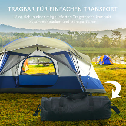 Outsunny Camping Zelt 6-8 Personen Zelt Familienzelt mit Vorraum 2 Fenster Kuppelzelt Kunstleder3000mm für Trekking Festival Glasfaser Blau 518 x 487 x 237 cm