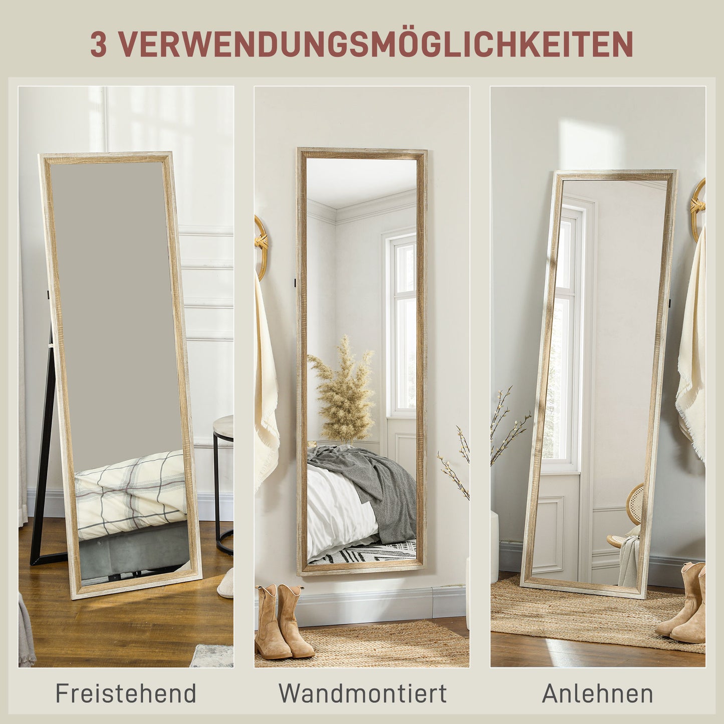 HOMCOM Ganzkörperspiegel, MDF-Rahmen, splitterfreie Folie, 162,6 x 53,3 cm, Naturholz
