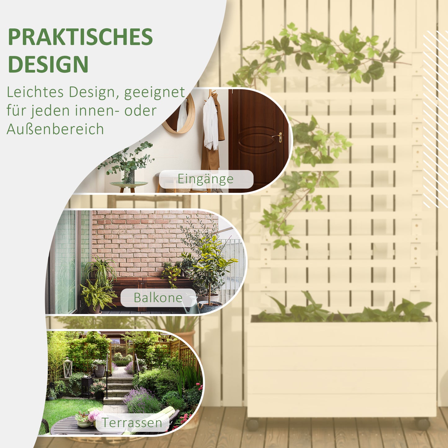 Outsunny Pflanzkasten mit Spalier, 4 Räder, Naturholz, wetterfeste Lackierung, weiß, 76 x 30 x 155 cm
