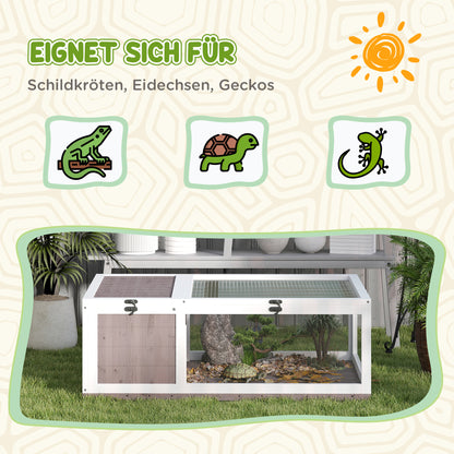 PawHut Schildkrötenhaus aus Holz Schildkrötengehege mit Haupthäusern aufklappbarem Oberseite 91x60,5x32 cm, Braun