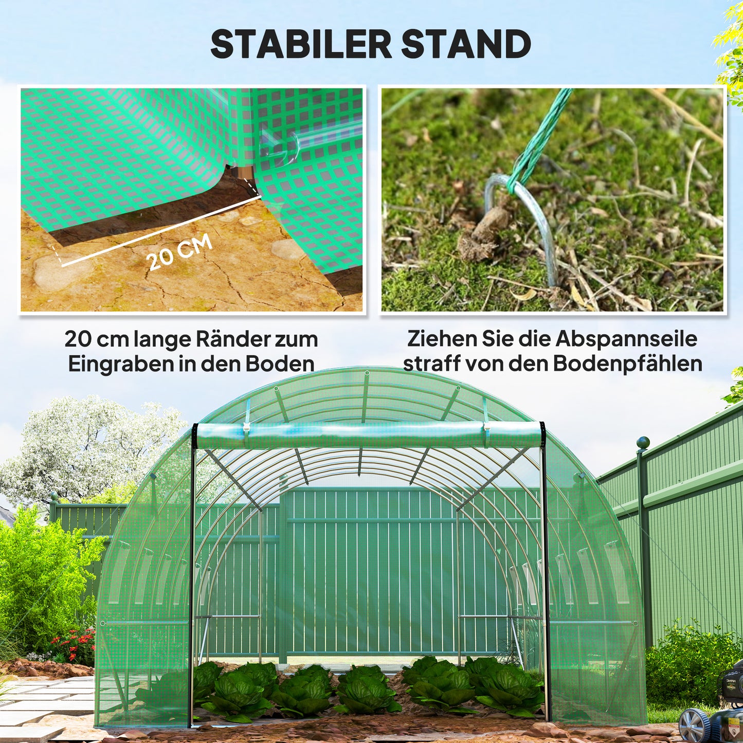 Outsunny Polytunnel Gewächshaus mit Kunststoff-Abdeckung und Stahlrahmen, begehbares Gewächshauszelt mit Rolltüren, Grün