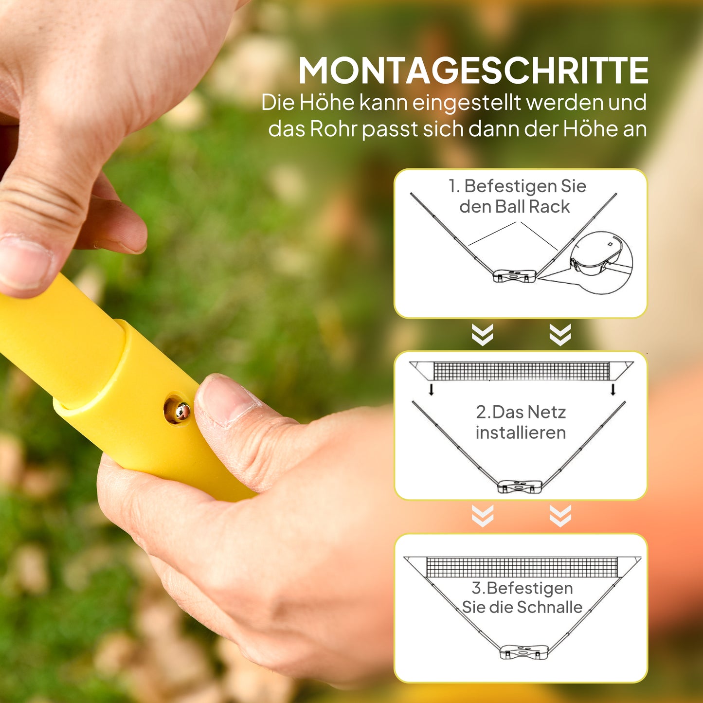 HOMCOM Badminton Netz mit Stand, Badminton-Netzständer, tragbarer Netzständer, Badmintonnetz mit 4 Badminton-Schlägern, Outdoor-Sport, Gelb+Blau, 286 x 33 x 157 cm