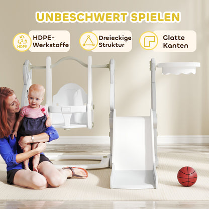 AIYAPLAY 4-in-1 Spielset für Kleinkinder, Rutsche, Schaukel, Klettergerüst, Basketballkorb, Kunststoff, Hasendesign, Grau