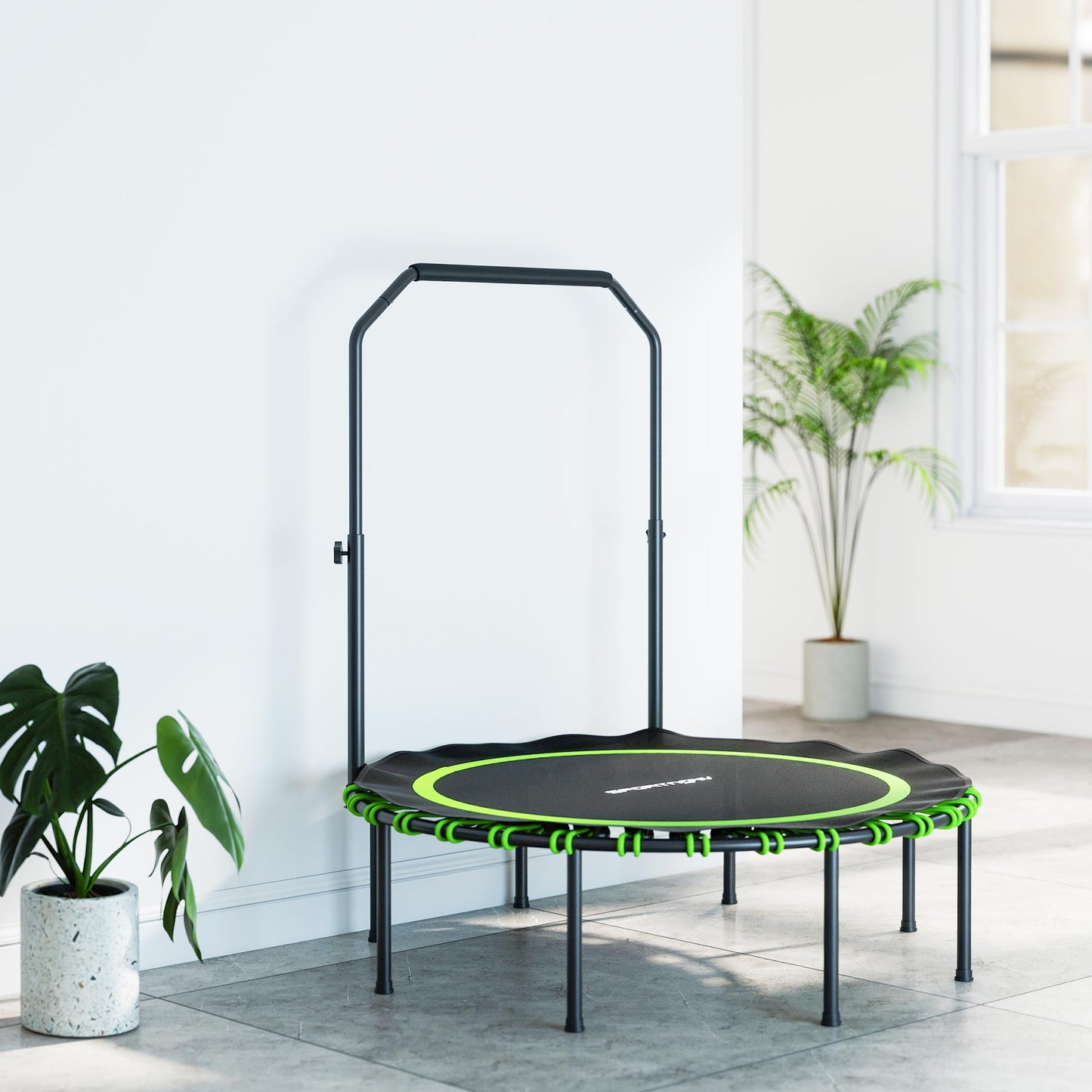 SPORTNOW Fitness-Trampolin mit verstellbarem Handlauf, Sport-Trampolin für drinnen und draußen, Stahl, Kunststoff, Grün