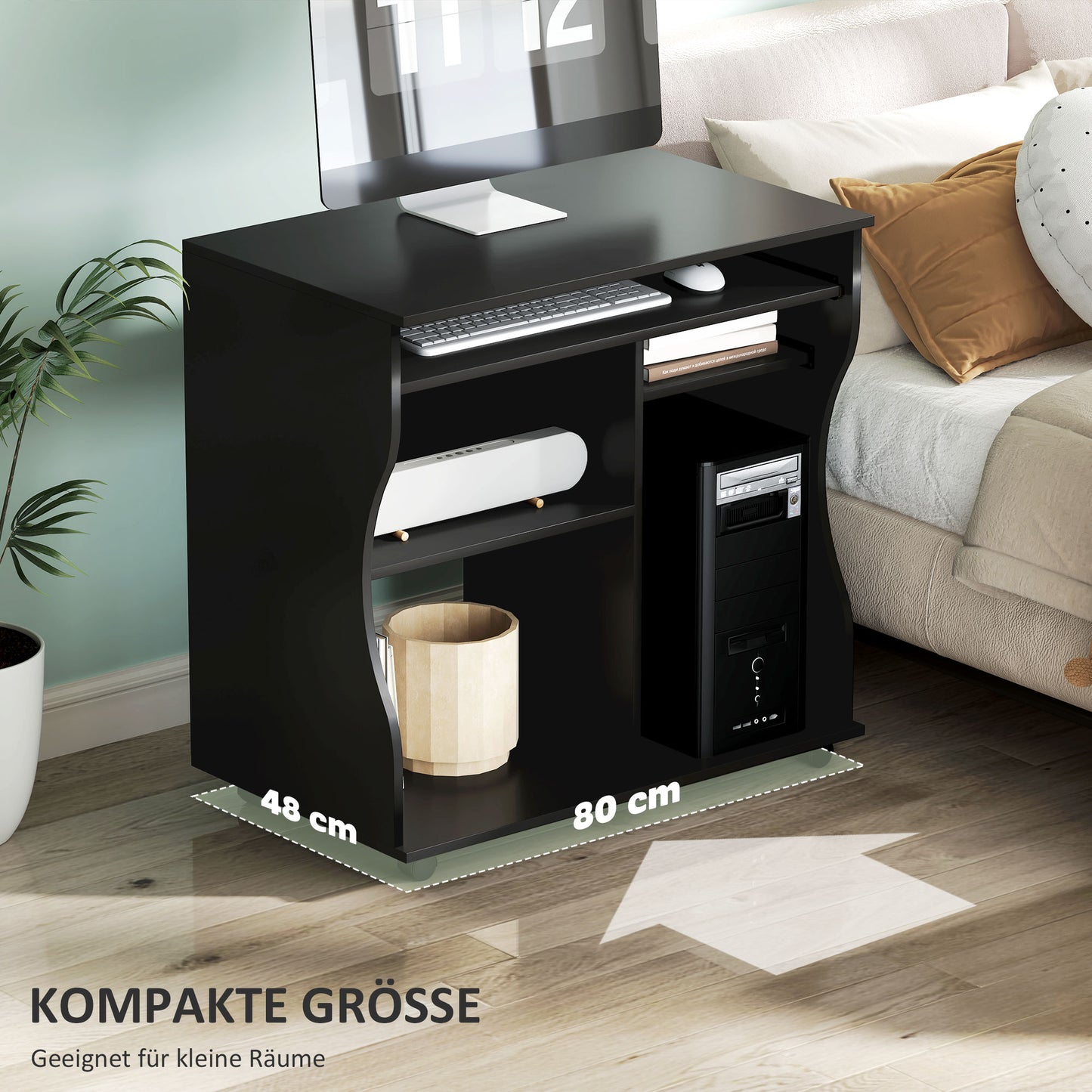 HOMCOM Computertisch mit Rollen, Schreibtisch mit Stauraum, 80 x 48 x 75 cm, Schwarz