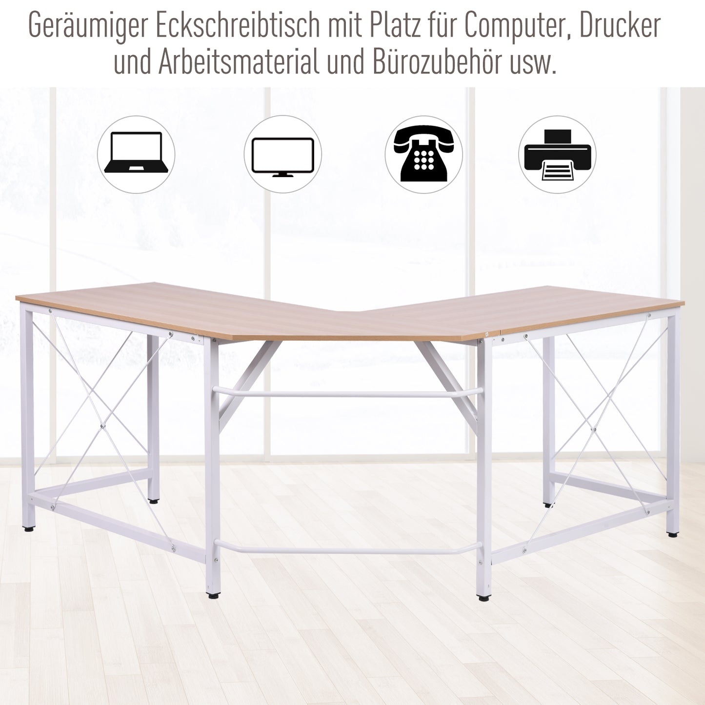 HOMCOM Computertisch Schreibtisch L-Form Arbeitstisch Bürotisch Eckschreibtisch Winkelschreibtisch MDF Natur 150 x 150 x 76 cm