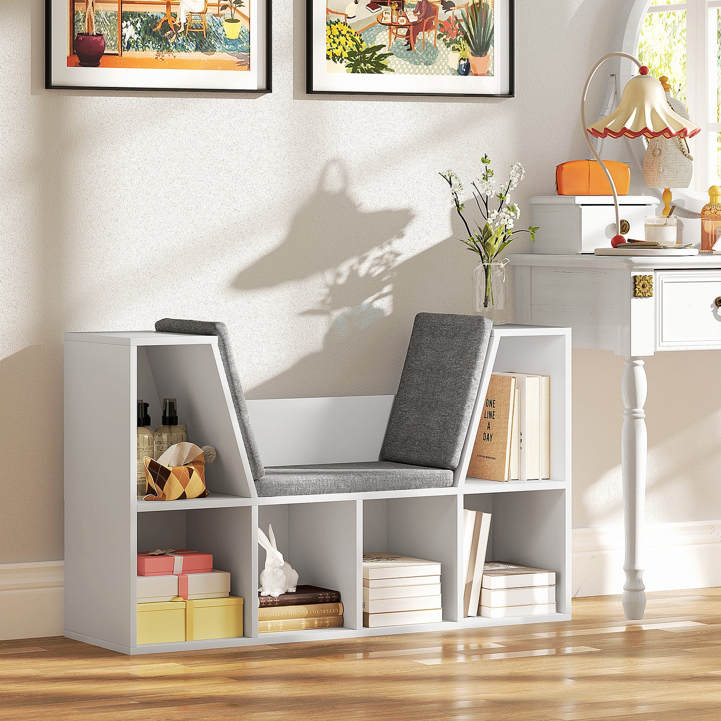 HOMCOM Bücherregal mit Sitzfläche, 6 Fächer, gepolstert, 105 x 30 x 63 cm, Weiß