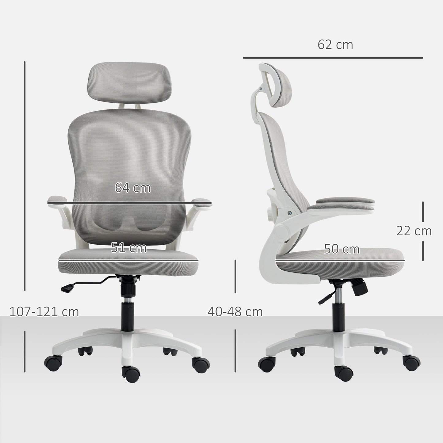 HOMCOM Ergonomischer Bürostuhl mit Netzstoff-Rückenlehne, höhenverstellbar, klappbare Armlehnen, 5 Rollen, Wippfunktion, Grau