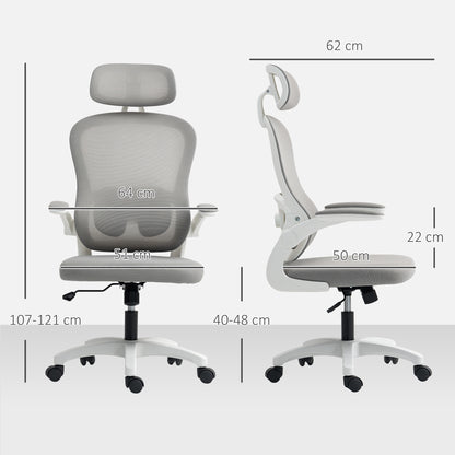 HOMCOM Ergonomischer Bürostuhl mit Netzstoff-Rückenlehne, höhenverstellbar, klappbare Armlehnen, 5 Rollen, Wippfunktion, Grau