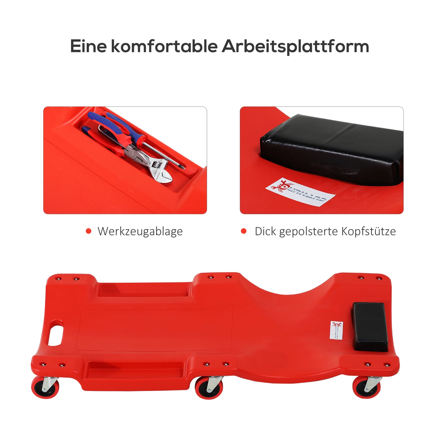 DURHAND Montage-Rollbrett, Kopfstütze, Werkzeugablage, ölbeständig, مكرر 120 كجم, 100x48x12 سم, Rot