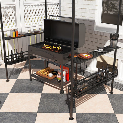 Outsunny Grill-Zelt, BBQ-Zelt, Gartenpavillon mit 2 Regalen, Aufbewahrungskörbe, Haken, für Terrasse, Beige