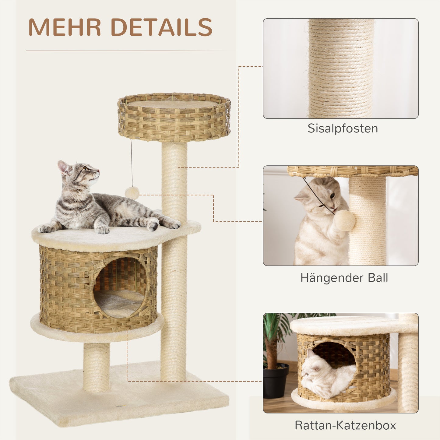 PawHut Kratzbaum Rattan 95 cm Höhe 3-Stufiger Katzenbaum mit Platform, Katzenbett, Kletterbaum mit Katzenhöhle Sisalstämmen Spielbälle Katzenmöbel Sisal Natur+Beige