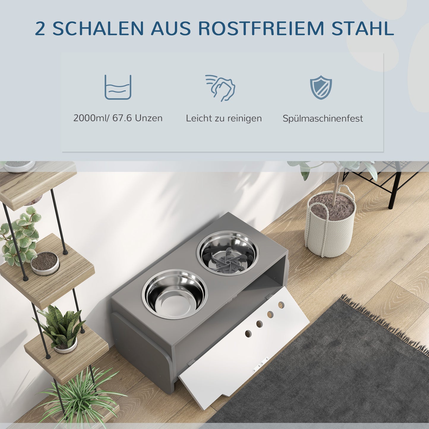 PawHut Erhöhte Fütterungsstation für Hunde, mit Stauraum und Anti-Schling-Matte, 2 x 2000 ml Edelstahlnapf, Grau