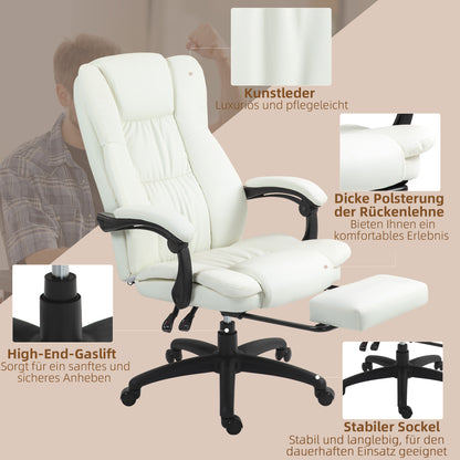 Vinsetto Verstellbarer Drehstuhl mit Fußstütze, Kopfstütze, Massagefunktion, Kunstleder, 68,5x68,5x113-121cm, Cremeweiß