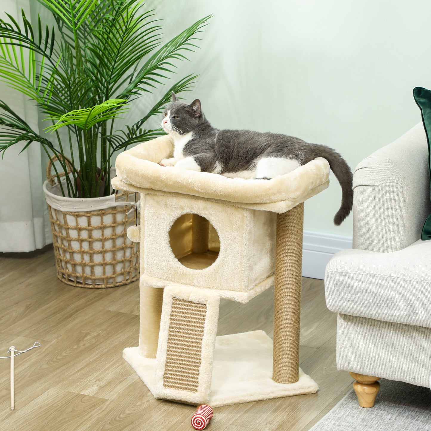 PawHut Kratzbaum mit Jute-Kratzmatte, Liegeplattform, Spielball, Katzenhaus, Beige, 40 x 40 x 57 cm