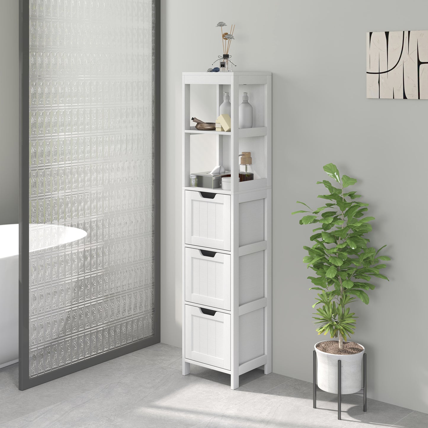 HOMCOM Badezimmerschrank, 2 Regale, 3 Schubladen, wasserabweisendes Material, Weiß