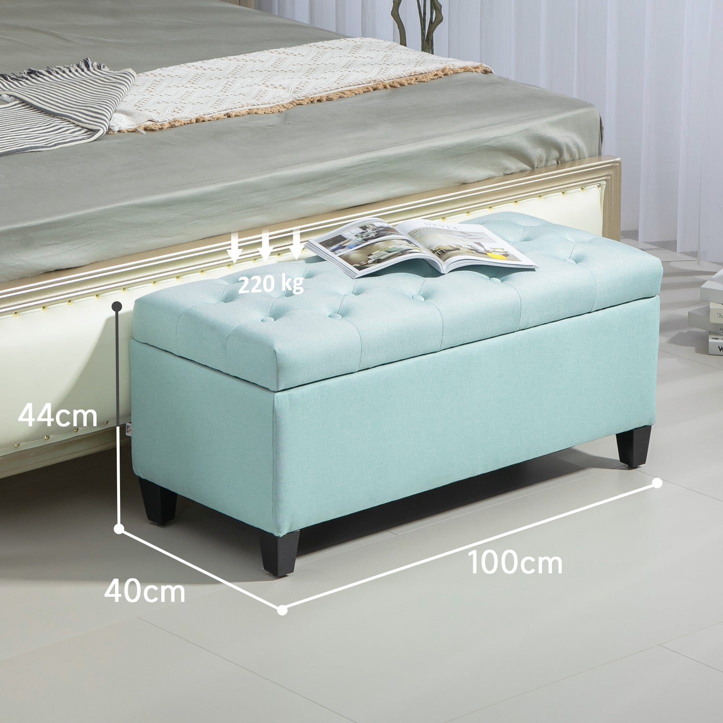 HOMCOM Sitzbank, Polsterbank mit Stauraum, leinenartiges Polyester, Kautschukholz, 100 x 40 x 44 cm, Grün