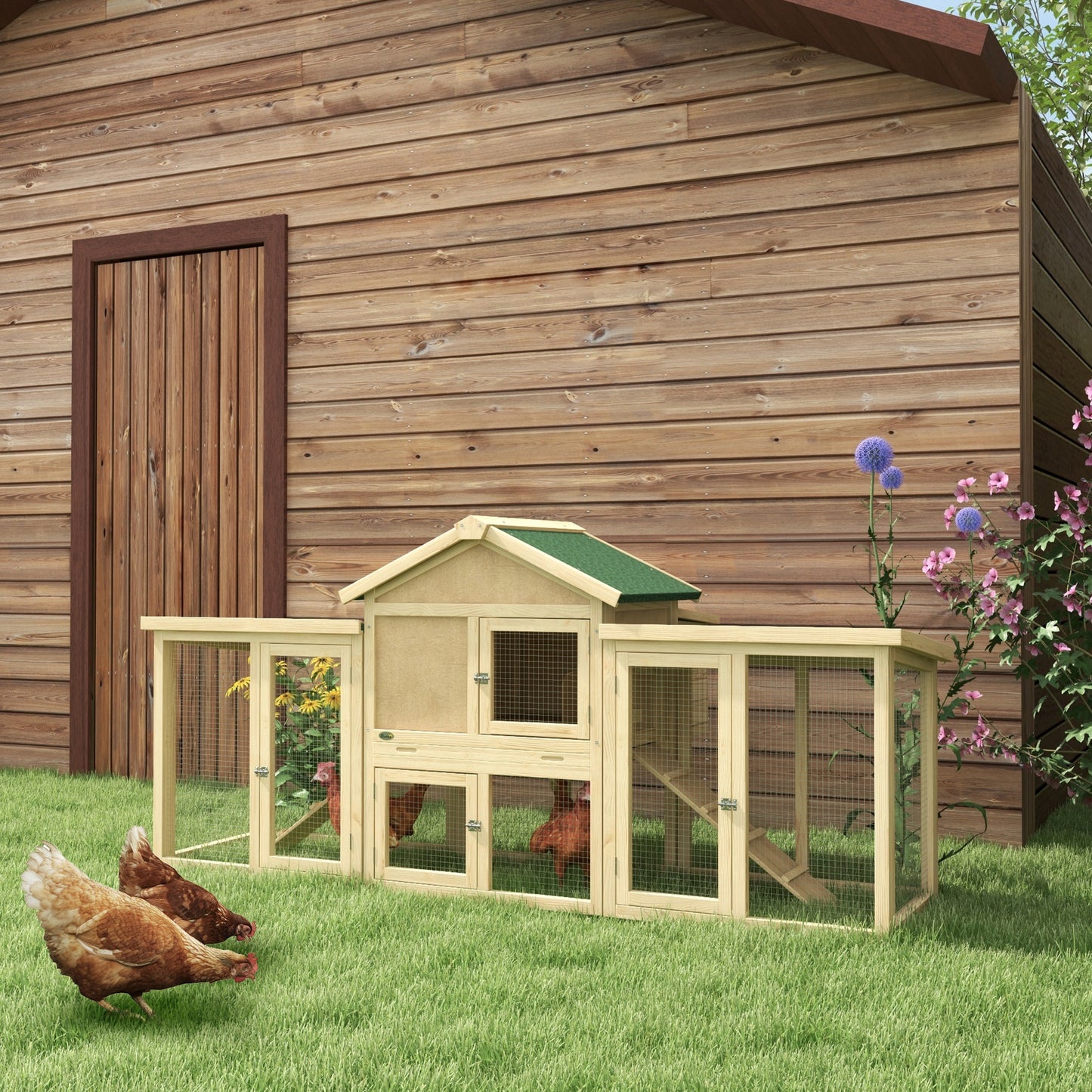 PawHut Hühnerstall mit Freigehege, inkl. Nistkasten, Rampe und Bodenwanne Tannenholz Naturholz