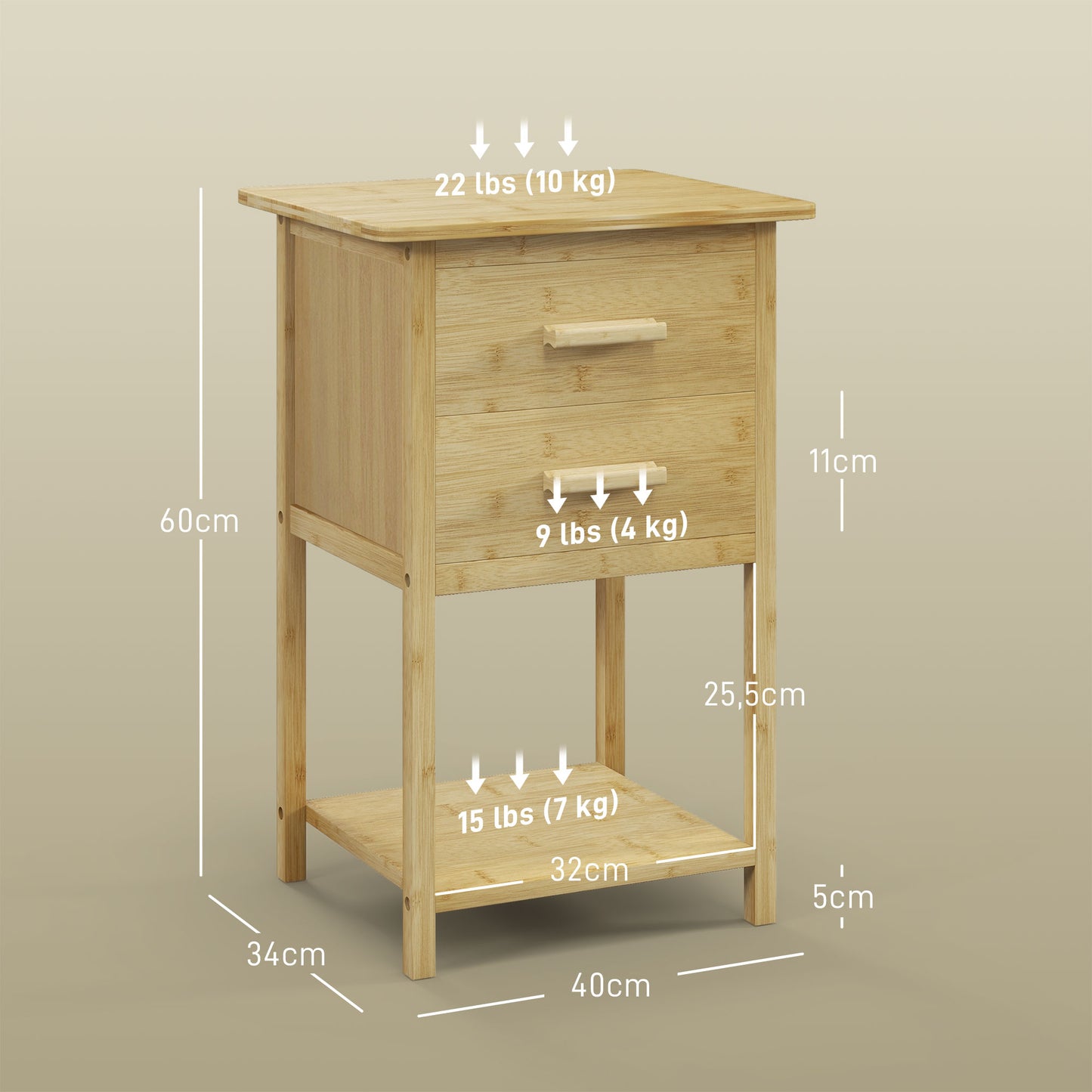 HOMCOM Nachtschrank, 2er-Set, Skandi-Design, Bambus, 2 Schubladen & Regal, 40x34x60cm