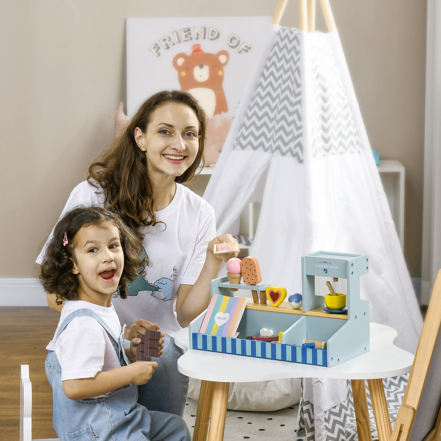 AIYAPLAY Spiel-Eisladen für Kinder, Eiscreme-Stand, viel Zubehör, fördert Fantasie und Motorik, Hellblau