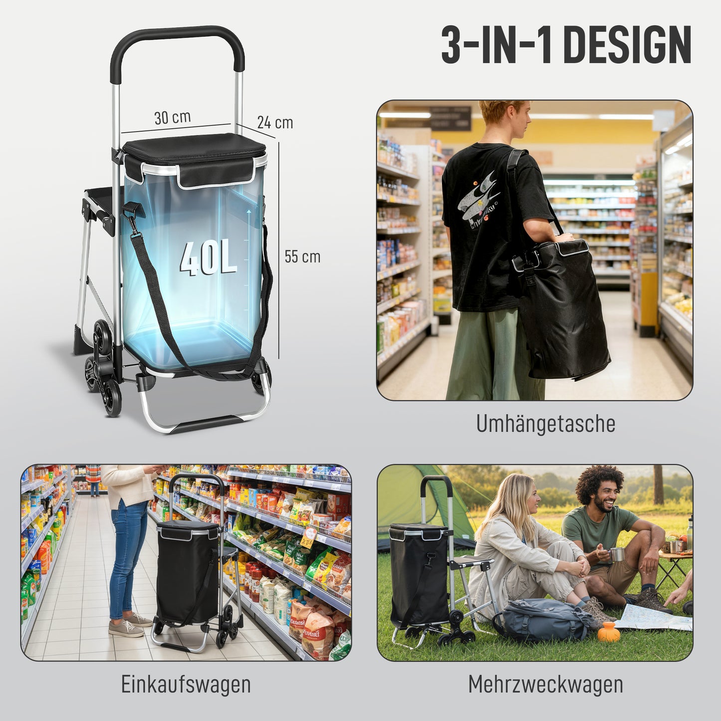 HOMCOM Einkaufstrolley, 40 L Oxford-Tasche, 3-Rad-Design, Aluminiumrahmen, Sitz, Grau