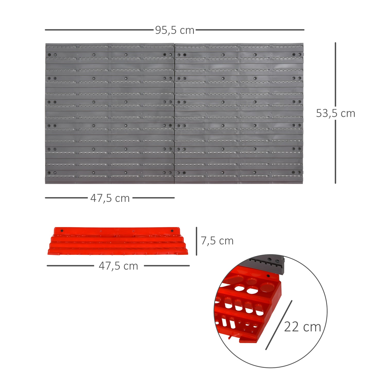 DURHAND Werkzeuglochwand Wandregal 54 tlg Werkzeughalter Werkzeugwand für Werkstatt Sichtlagerkästen Hakenset PP Grau+Rot 95,5 x 23 x 53,5 cm
