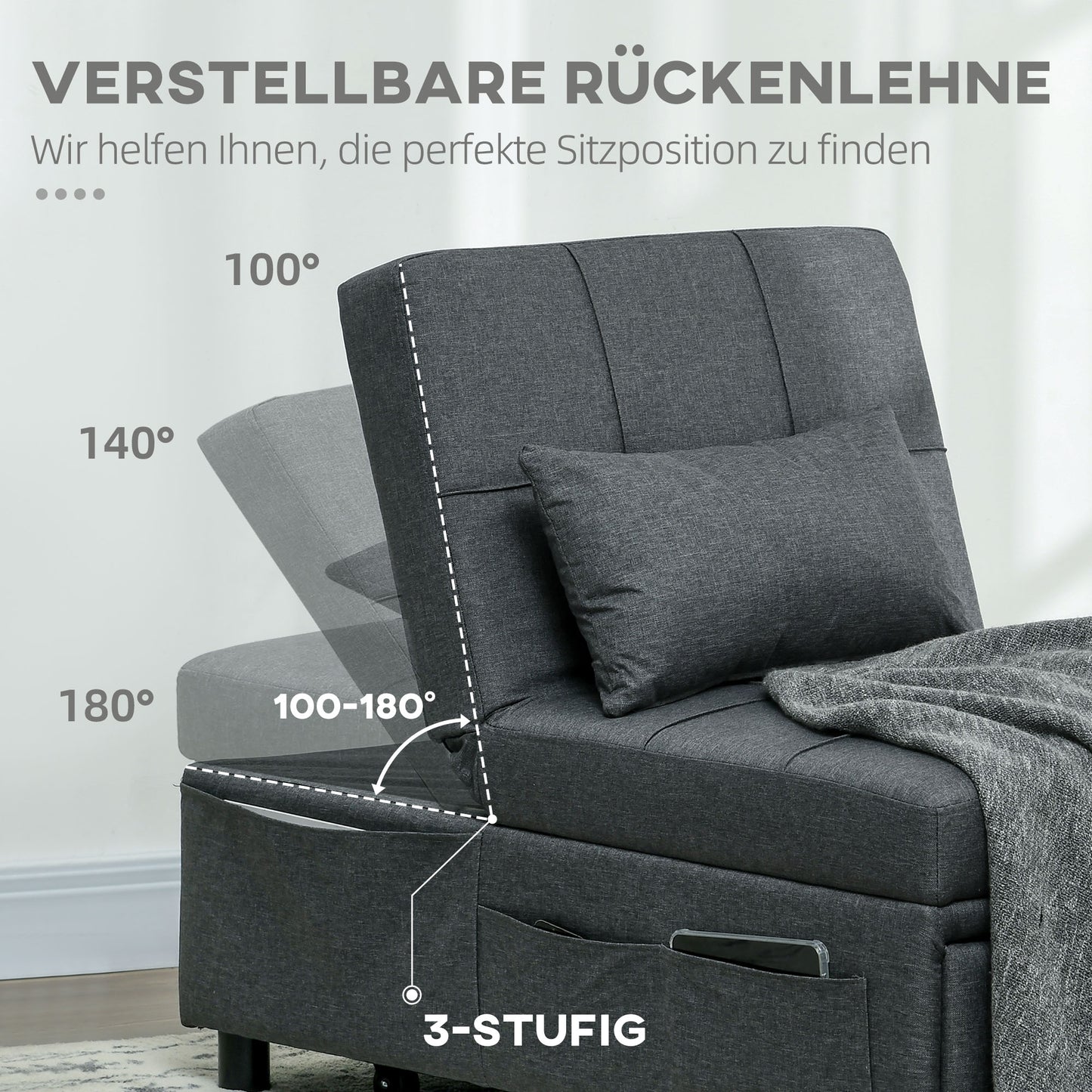 HOMCOM bequemer Liegesessel Schlafsessel 3-in-1 Sessel modern, bis 150 kg, Leinenoptik, inkl. Kissen, 65,5 x 104 x 81 cm, Dunkelgrau