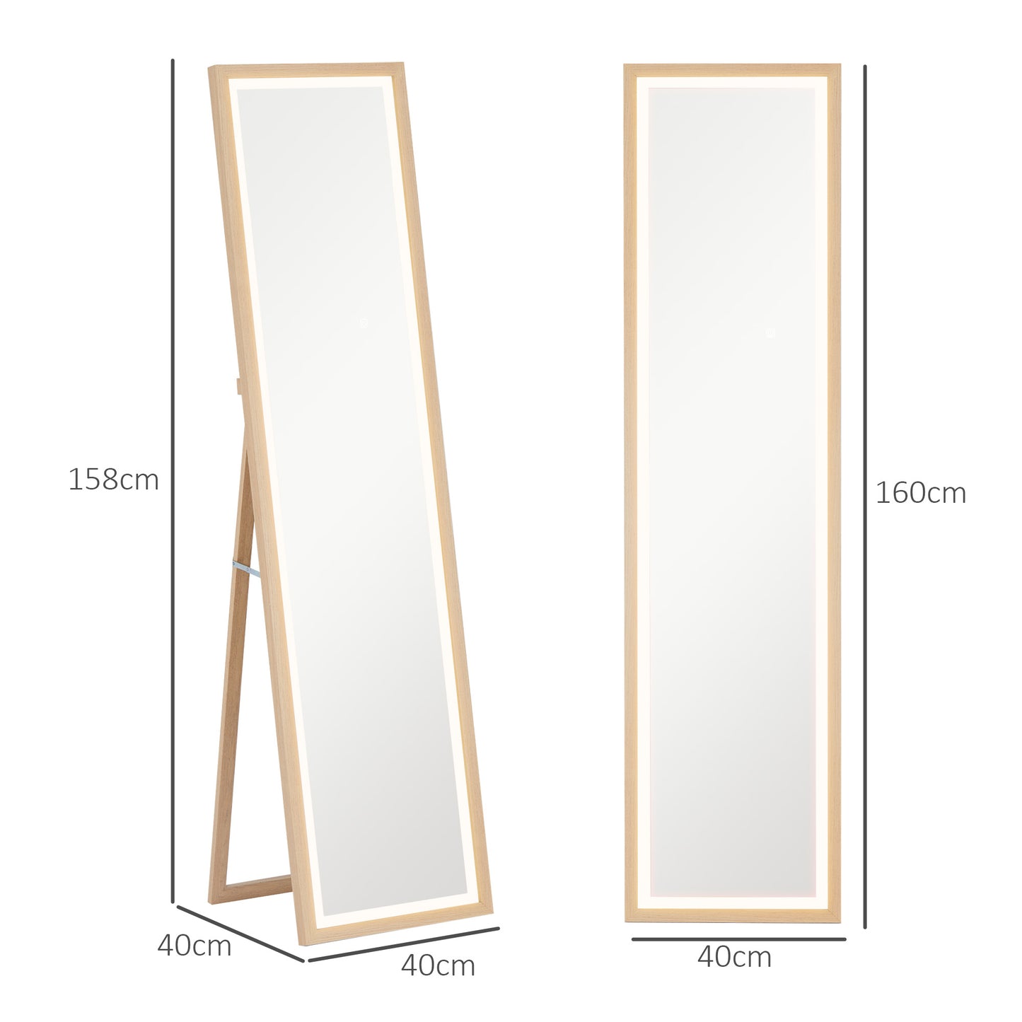HOMCOM LED Ganzkörperspiegel, 40 x 160 cm, Touch-Steuerung, dimmbar, 3 Farben, Eiche