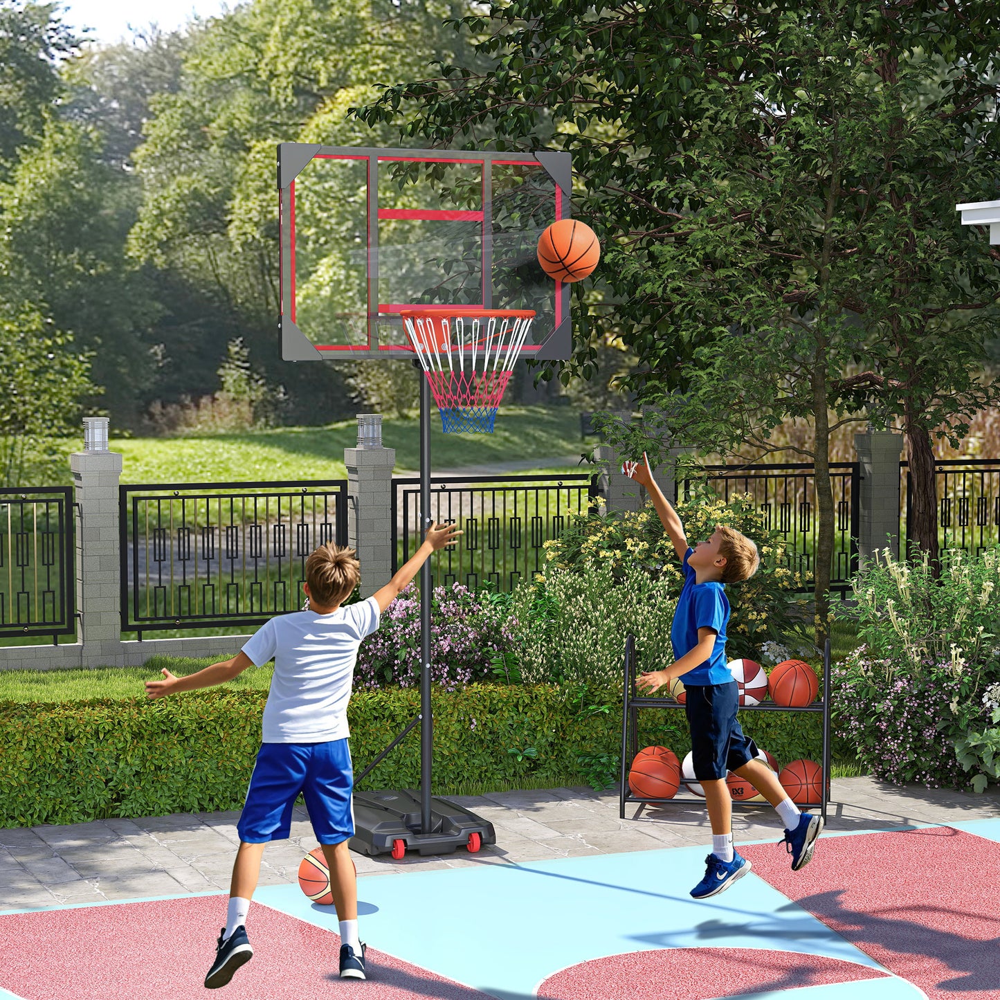 AIYAPLAY Kinder-Basketballkorb, Outdoor-Basketballkorb für Kinder, 210-260 cm höhenverstellbar, mit Rädern, ab 6 Jahren, Rot