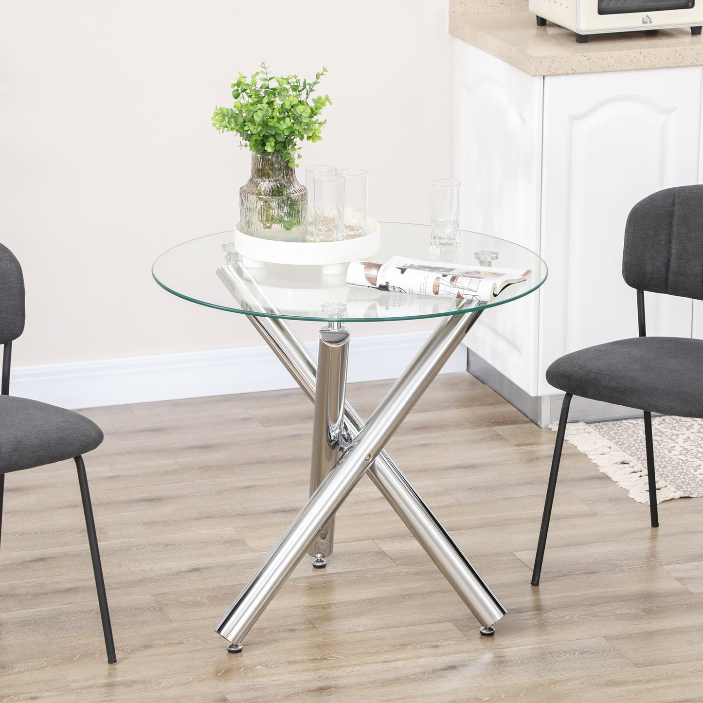 HOMCOM Esstisch, runde Hartglasplatte, randloses Design, für 2-4 Personen, Stahlbeine, 80 x 80 x 74 cm