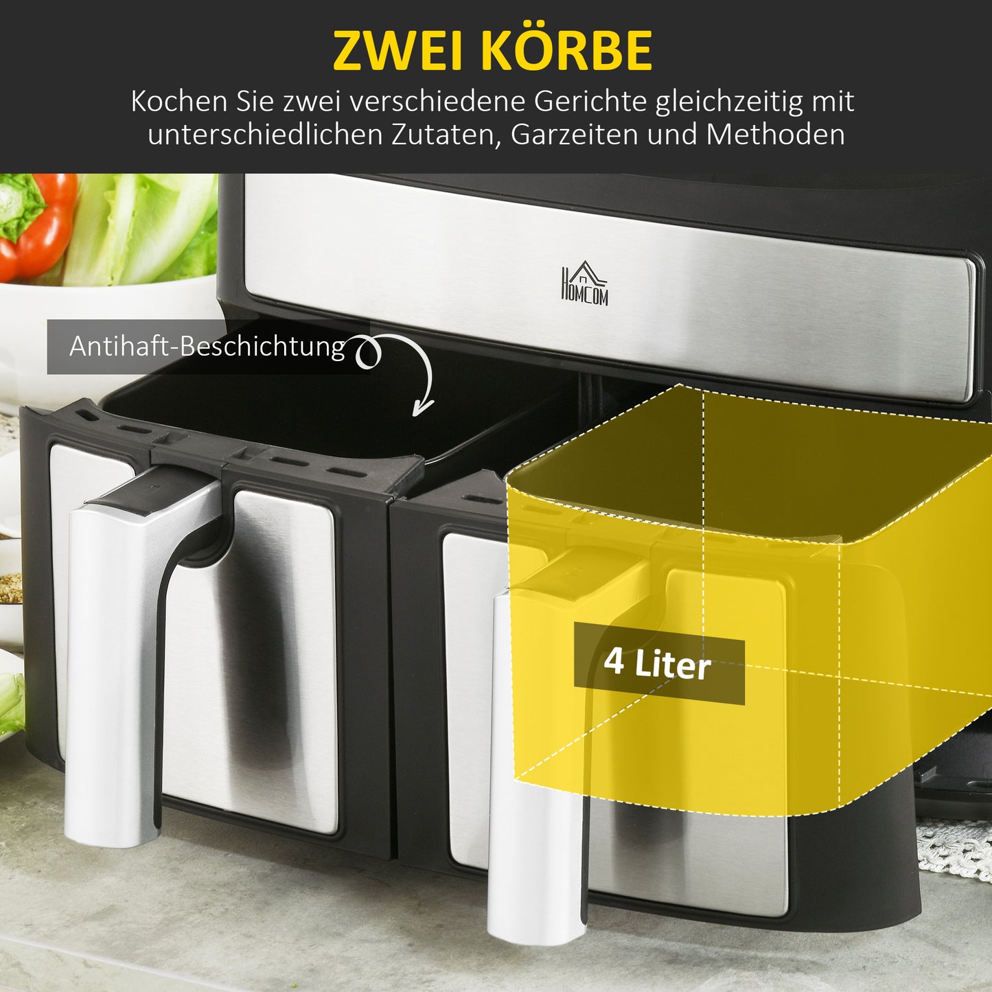 HOMCOM Heißluftfritteuse Multifunktionale Heißluftfritteuse, 8 L Fassungsvermögen, 2 Körbe, 60 min Time, Silber + Schwarz