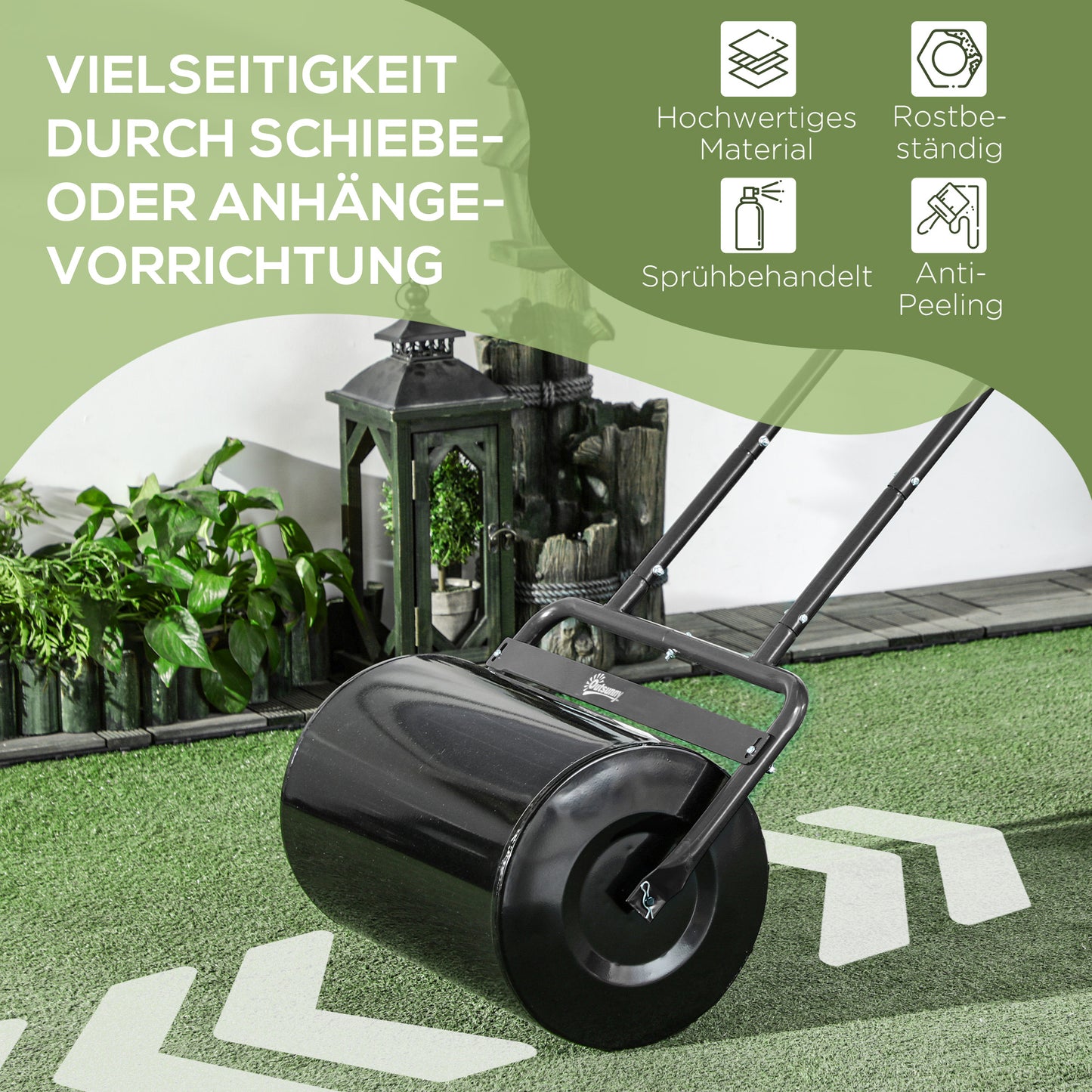 Outsunny Rasenwalze mit U-Griff, Gartenwalze, Gartenrolle, 32 cm Durchmesser, 38 L Wasser-/62 kg Sand, Metall, Schwarz, 58 x 32,5 x 113 cm