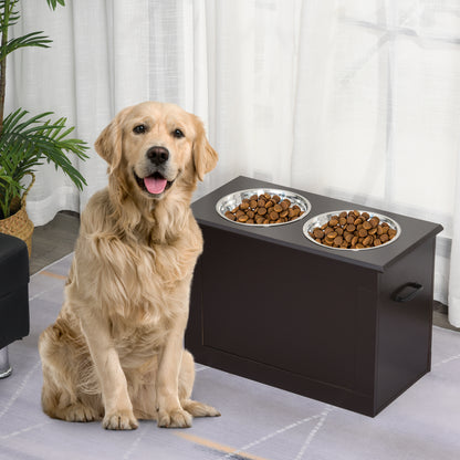 PawHut Futterstation, 2 Fressnäpfe aus Edelstahl, versteckter Stauraum, 60 cm x 30 cm x 41 cm, Schwarz + Silber
