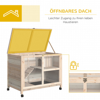 PawHut Kleintierstall mit 2 Ebenen 4 Rollen versigeltes Tannenholz Natur