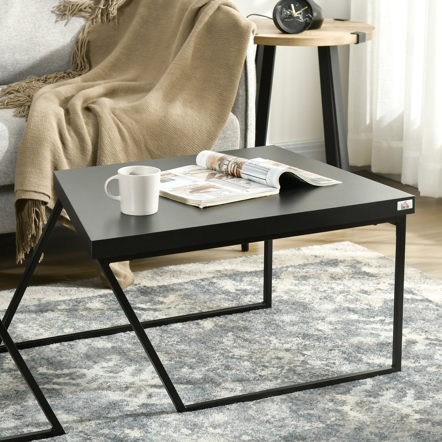 HOMCOM Couchtisch-Set, 2 Beistelltische, Industrial Design, Stahlrahmen, Holz/Schwarz