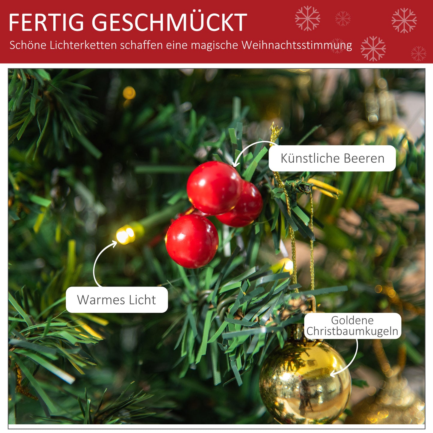HOMCOM Mini-Weihnachtsbaum Weihnachtsdekoration Weihnachtsdeko, inkl. Weihnachtskugeln und LED-Lichter 60 cm, Mehrfarbig