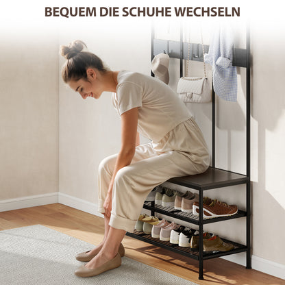 HOMCOM 3-in-1 Garderobenständer, Kleiderhaken, Sitzbank, Schuhregal, Metall, Spanplatte, Schwarz