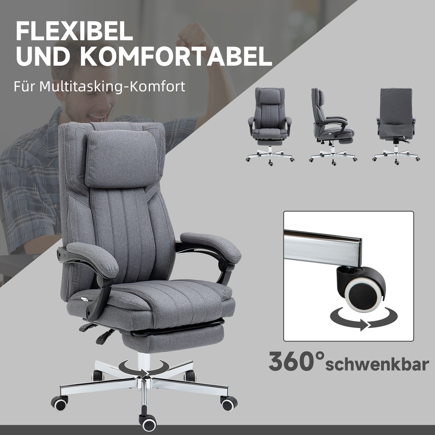 Vinsetto Bürostuhl mit Massagefunktion, neigbare Rücklehne, ausziehbare Fußstütze, Leinenoptik, grau, 65 x 61 x 113 cm